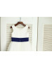 Ivory Satin Tulle Navy Blue Petals Flower Girl Dress